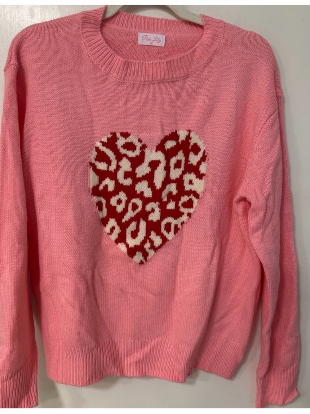 Pink Lily Pink Crewneck Sweater with Red and Cream Heart